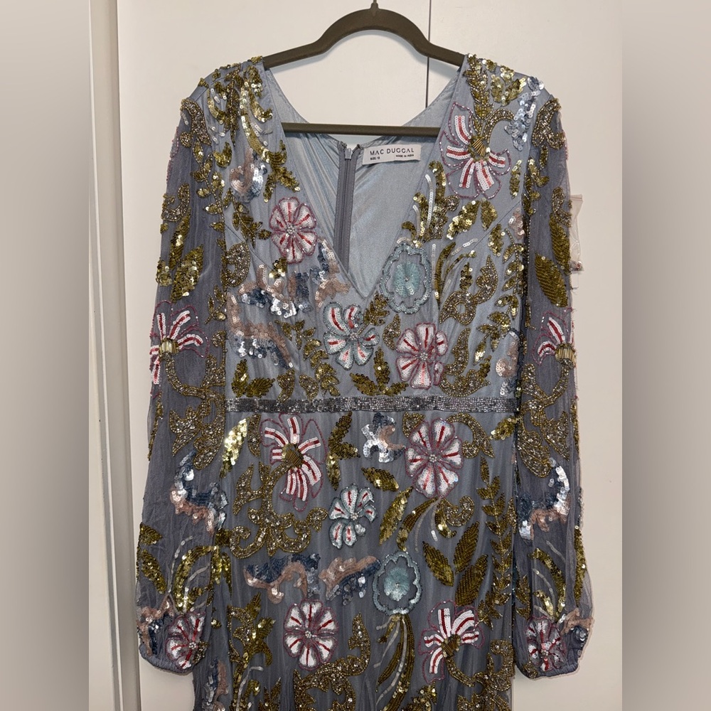 NWT Mac Duggal 5423 Gray Platinum Multi Long Cuff Sleeve Midi Dress Size 12 - Picture 6 of 16